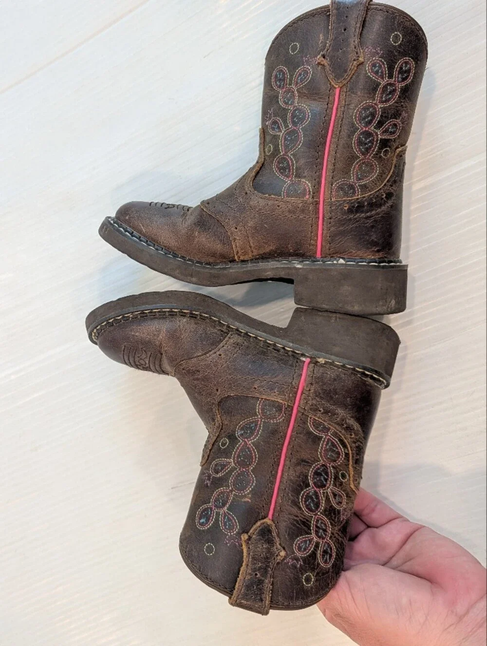 Kids Brown Western Cowboy Boots with Pink Accents